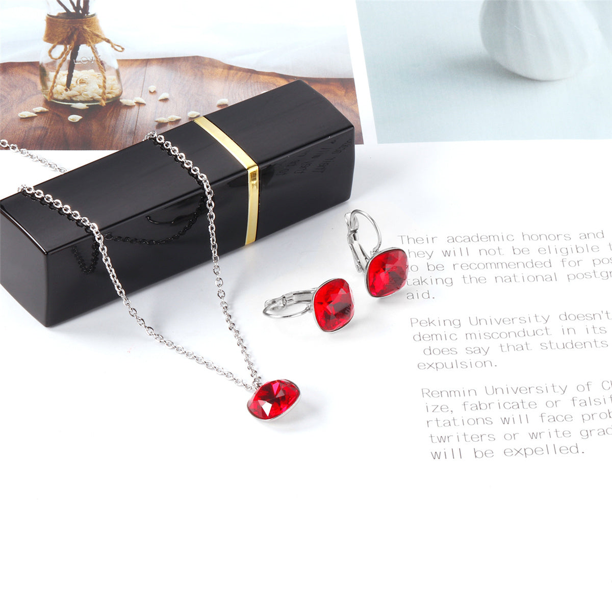 Red Crystal and Silver-Plated Square Leverback Earrings and Pendant Necklace, silver drop earrings for women, lifestyle look