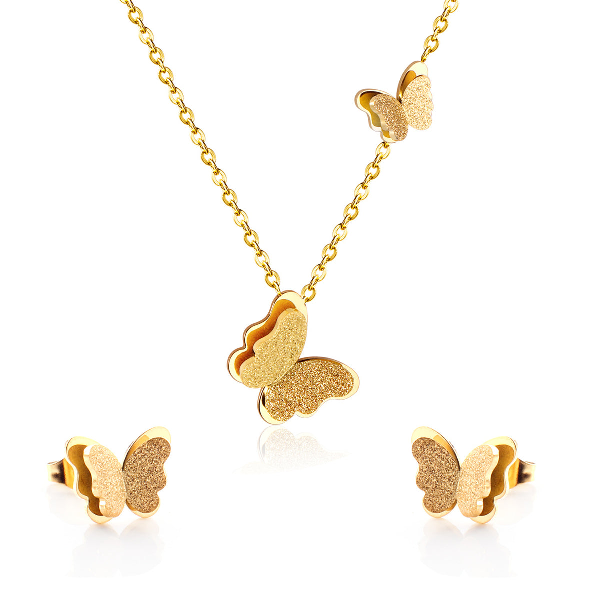 18K Gold-Plated Butterfly Stud Earrings and Pendant Necklace, gold stud earrings for women, front view