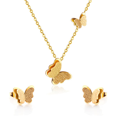 18K Gold-Plated Butterfly Stud Earrings and Pendant Necklace, gold stud earrings for women, front view