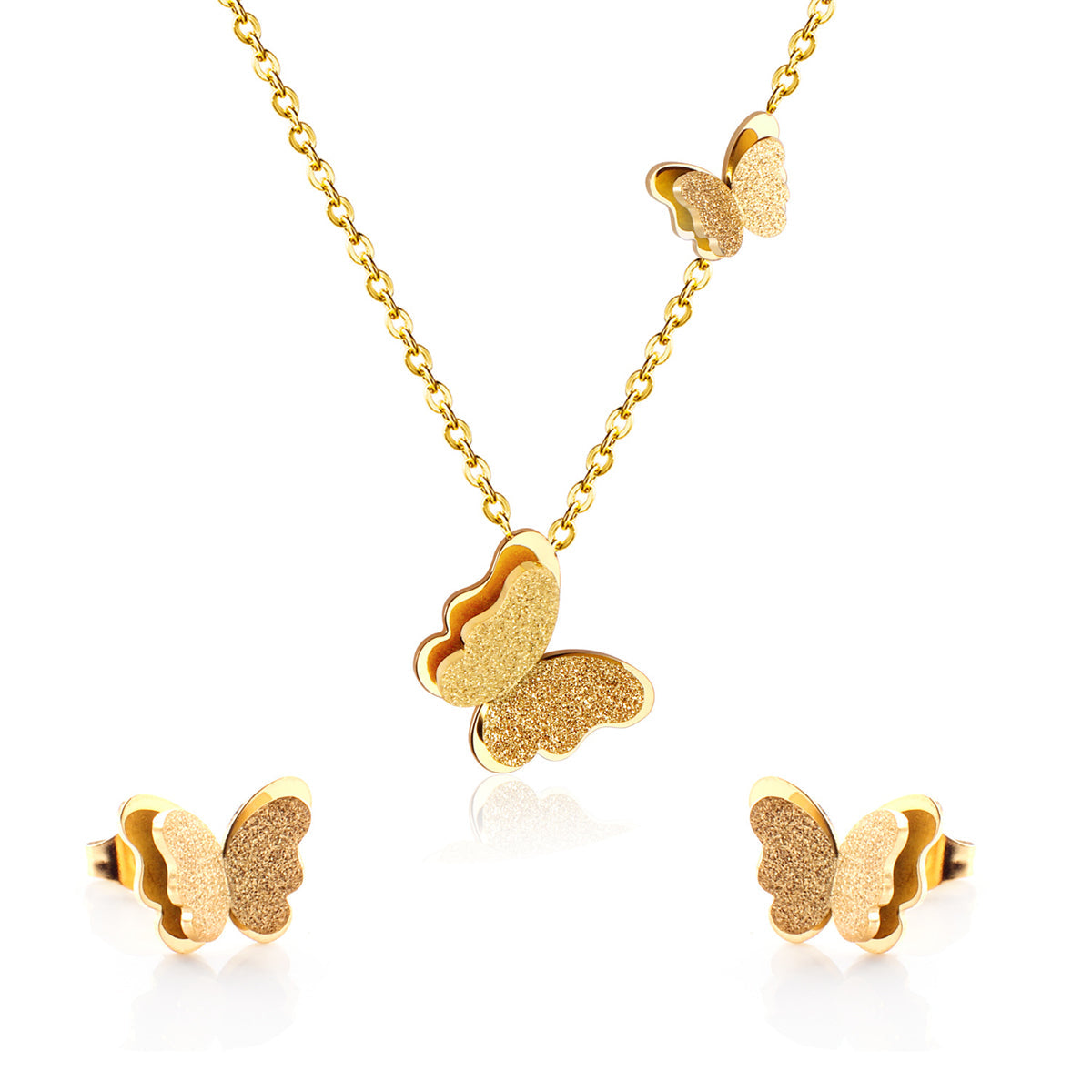 18K Gold-Plated Butterfly Stud Earrings & Pendant Necklace