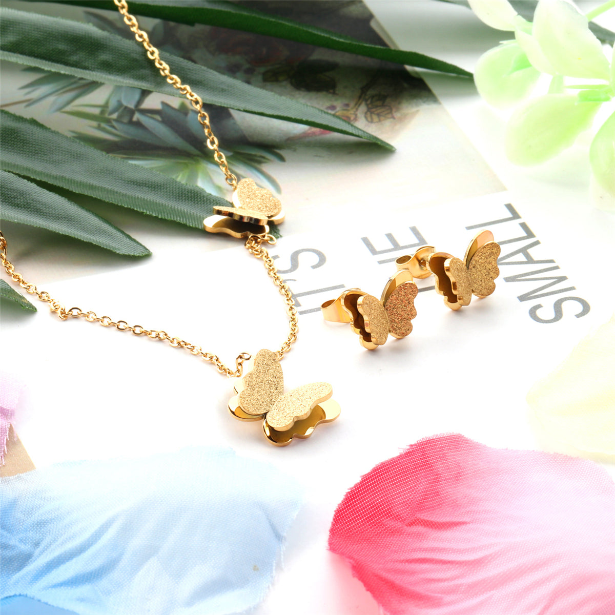 18K Gold-Plated Butterfly Stud Earrings and Pendant Necklace, gold stud earrings for women, detail close-up