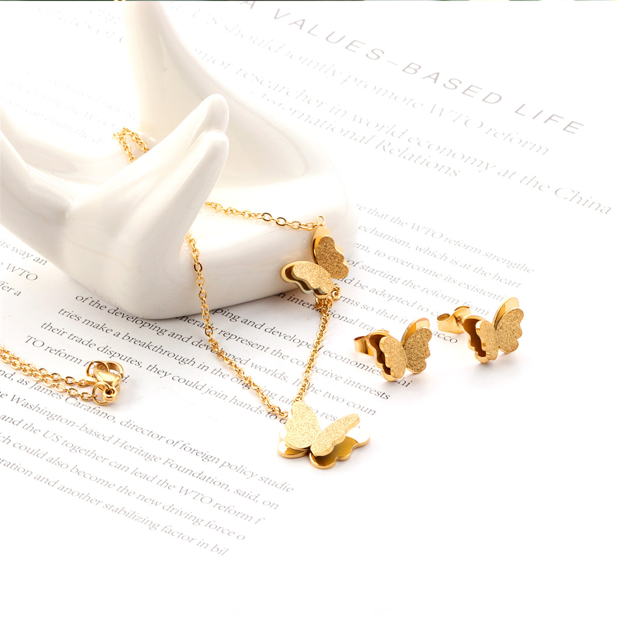 18K Gold-Plated Butterfly Stud Earrings and Pendant Necklace, gold stud earrings for women, lifestyle look