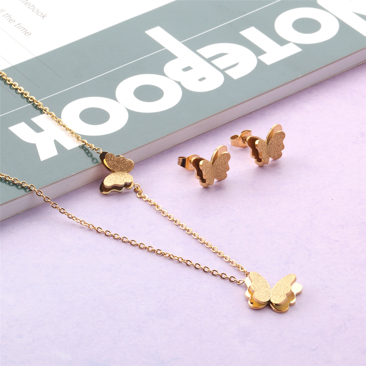 18K Gold-Plated Butterfly Stud Earrings and Pendant Necklace, gold stud earrings for women, styled look