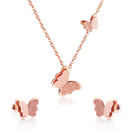 18K Rose Gold-Plated Butterfly Stud Earrings and Pendant Necklace, rose gold stud earrings for women, front view