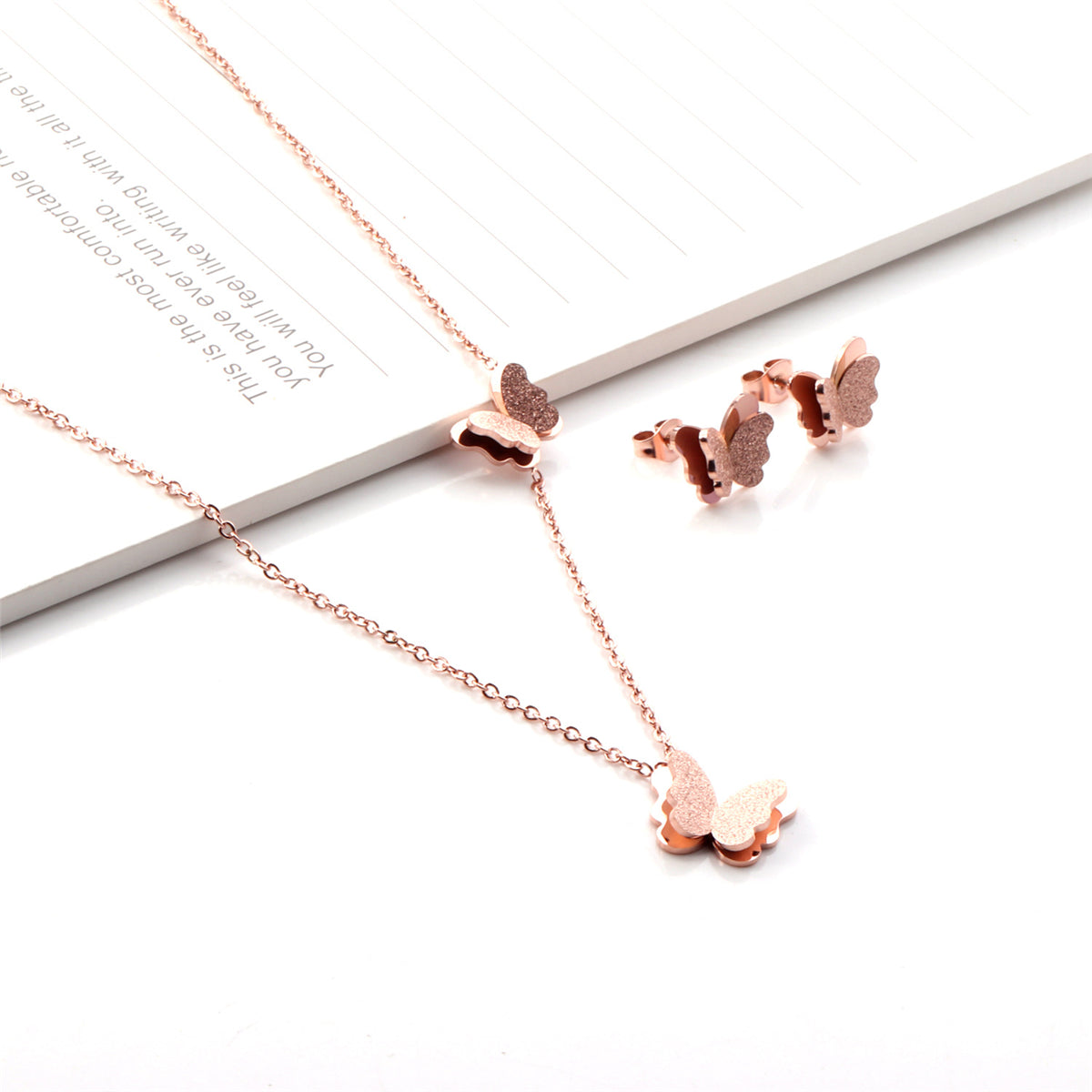 18K Rose Gold-Plated Butterfly Stud Earrings and Pendant Necklace, rose gold stud earrings for women, side view
