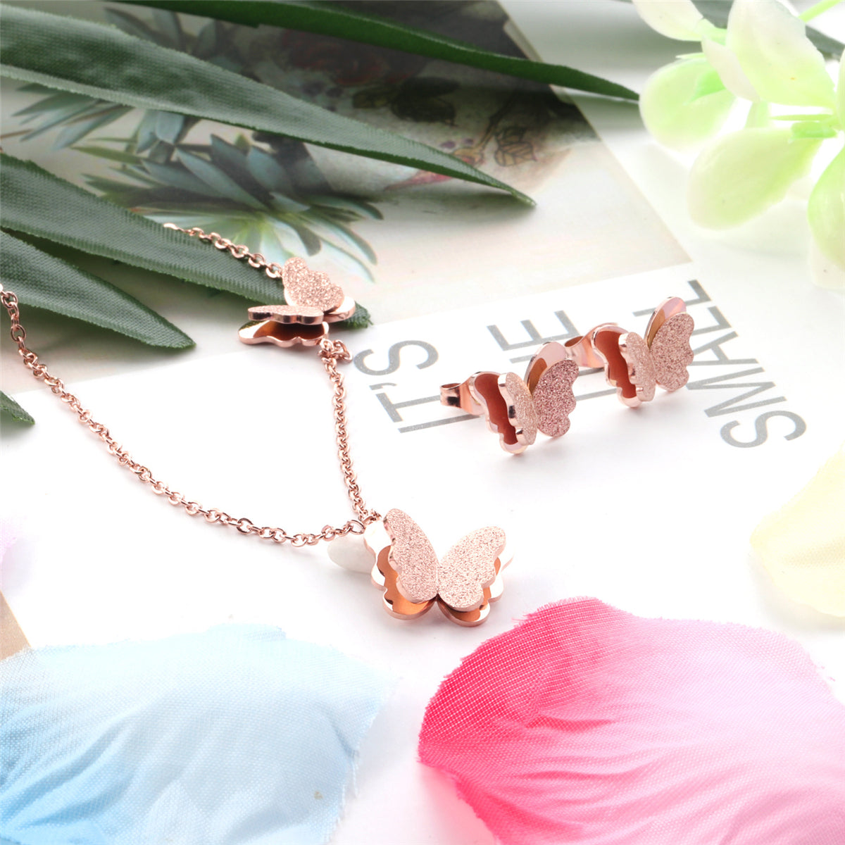 18K Rose Gold-Plated Butterfly Stud Earrings & Pendant Necklace