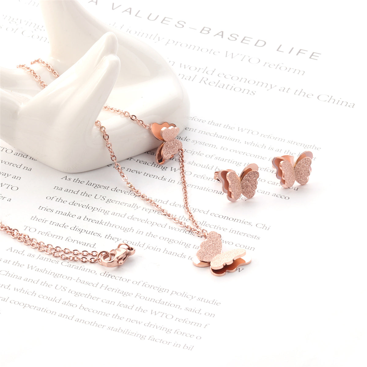 18K Rose Gold-Plated Butterfly Stud Earrings and Pendant Necklace, rose gold stud earrings for women, lifestyle look