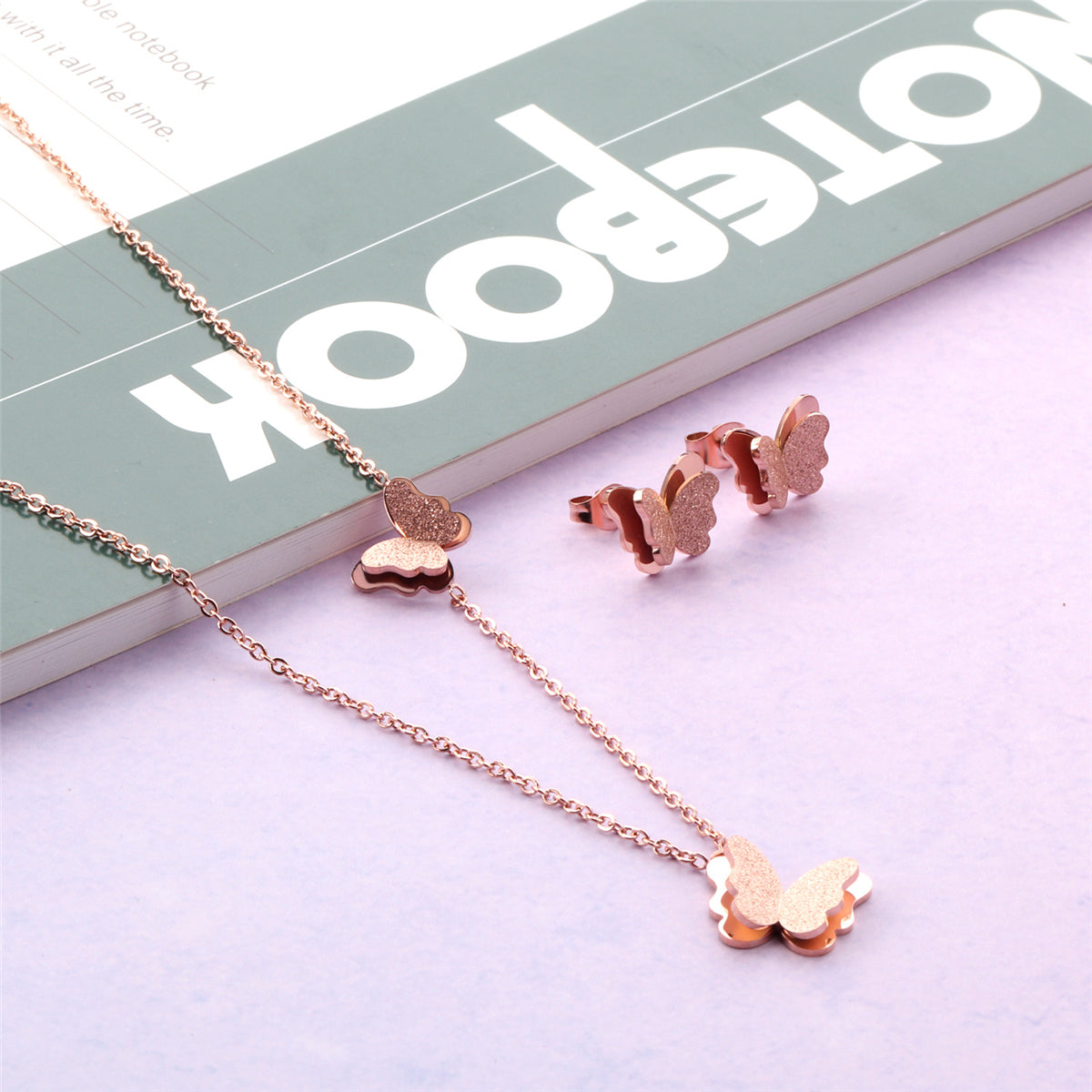 18K Rose Gold-Plated Butterfly Stud Earrings and Pendant Necklace, rose gold stud earrings for women, styled look