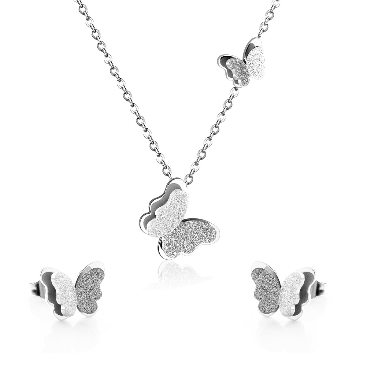 Silver-Plated Butterfly Stud Earrings and Pendant Necklace, silver stud earrings for women, elegant gift for her, front view