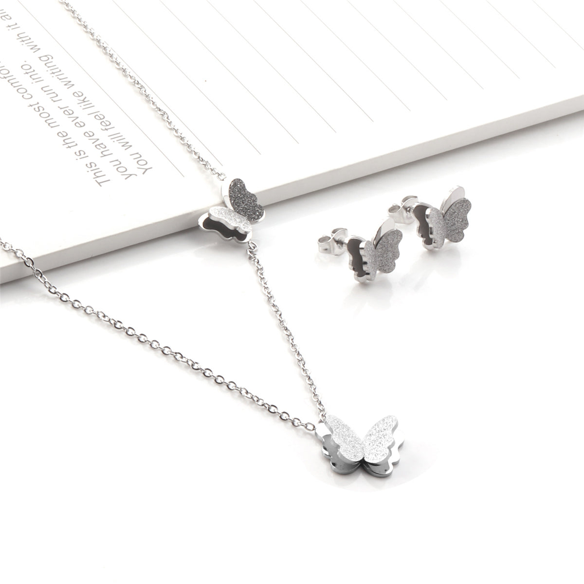 Silver-Plated Butterfly Stud Earrings & Pendant Necklace