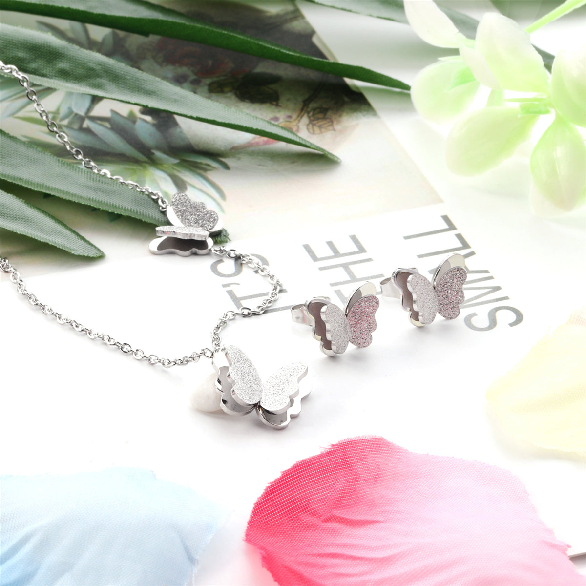Silver-Plated Butterfly Stud Earrings and Pendant Necklace, silver stud earrings for women, detail close-up