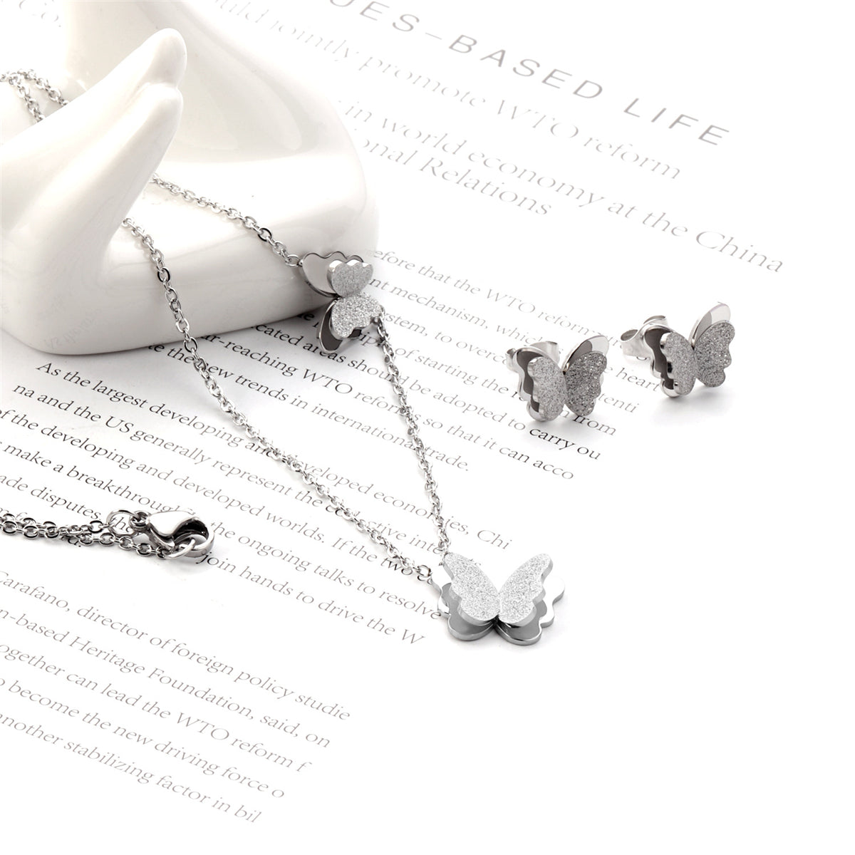 Silver-Plated Butterfly Stud Earrings and Pendant Necklace, silver stud earrings for women, lifestyle look