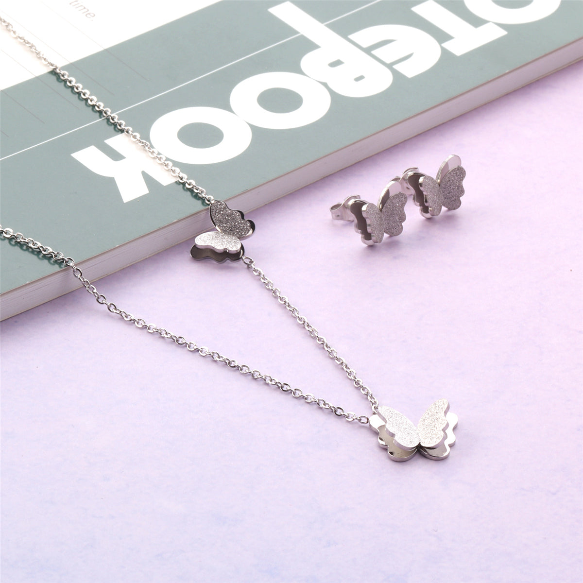 Silver-Plated Butterfly Stud Earrings and Pendant Necklace, silver stud earrings for women, elegant gift for her, styled look