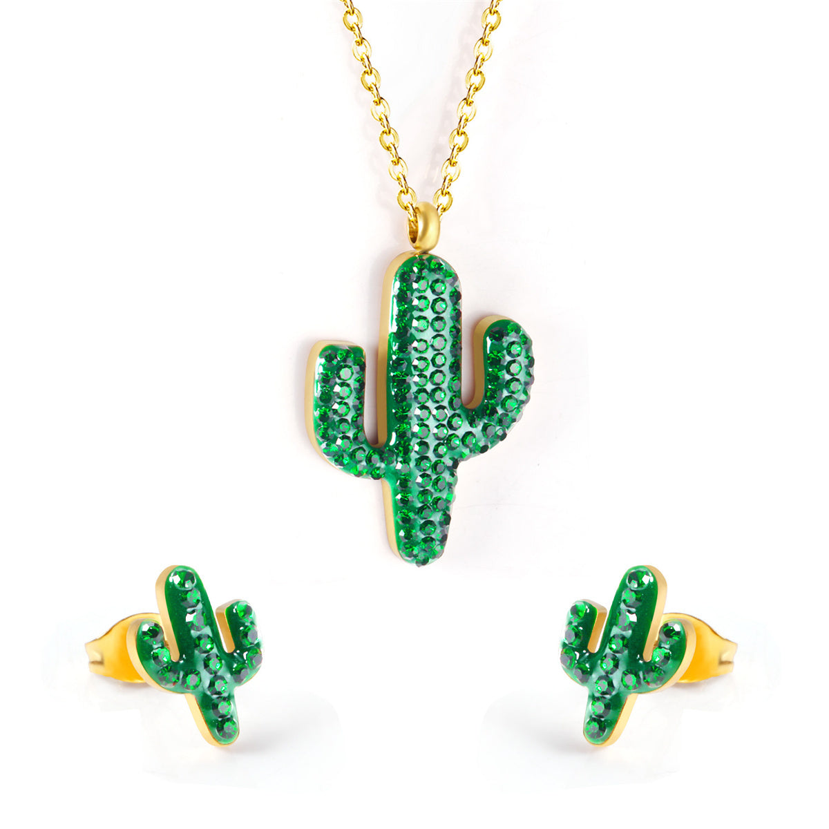 Green Resin and Cubic Zirconia 18K Gold-Plated Pendant Necklace and Stud Earrings, gold stud earrings for women, front view