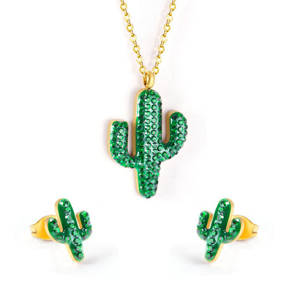 Green Resin and Cubic Zirconia 18K Gold-Plated Pendant Necklace and Stud Earrings, gold stud earrings for women, front view