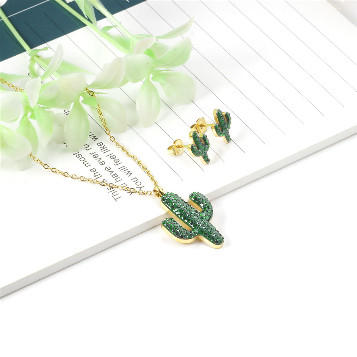 Green Resin and Cubic Zirconia 18K Gold-Plated Pendant Necklace and Stud Earrings, gold stud earrings for women, side view