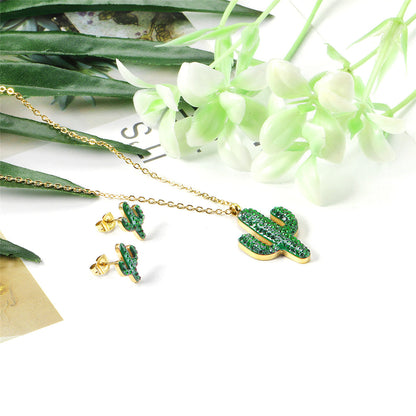 Green Resin and Cubic Zirconia 18K Gold-Plated Pendant Necklace and Stud Earrings, gold stud earrings..., detail close-up