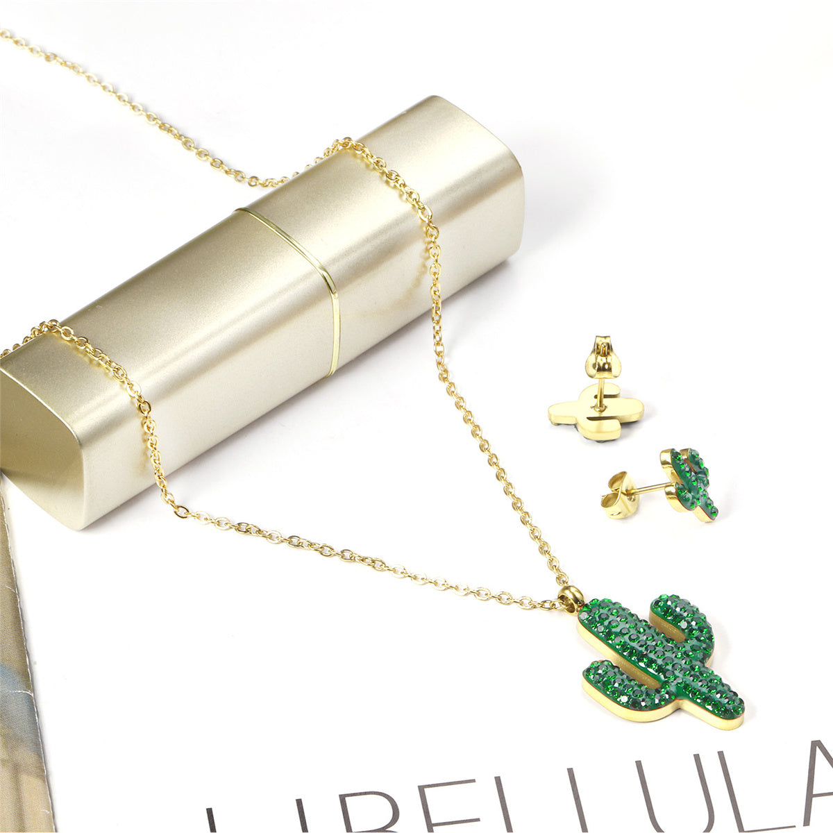 Green Resin and Cubic Zirconia 18K Gold-Plated Pendant Necklace and Stud Earrings, gold stud earrings for..., lifestyle look
