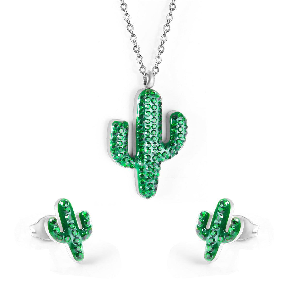 Green and Cubic Zirconia Pendant Necklace and Stud Earrings, stud earrings for women, vintage-inspired design, front view