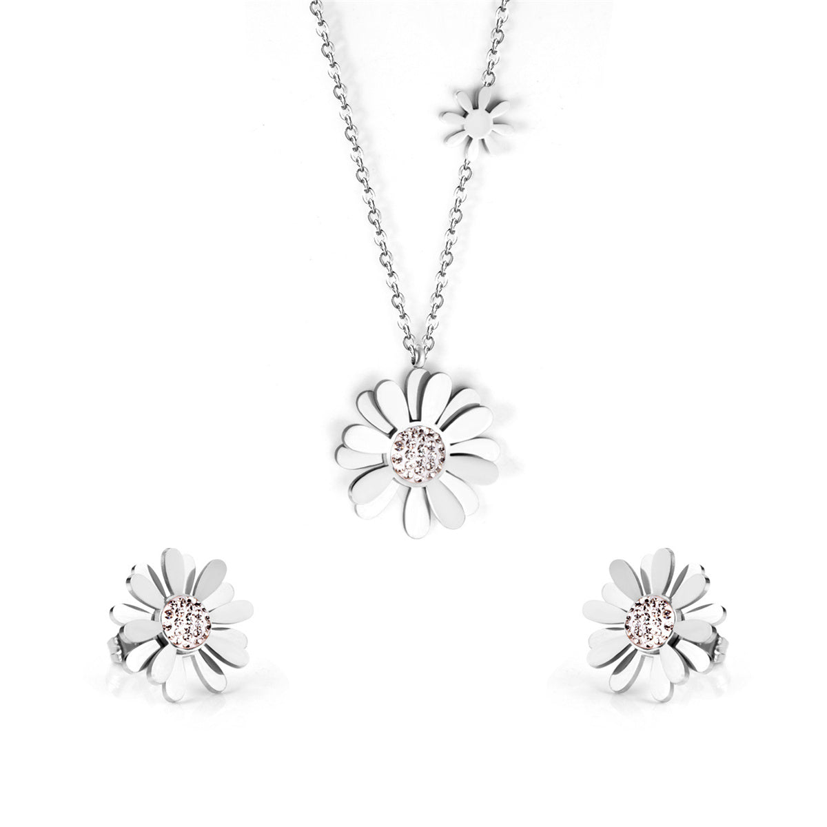 Cubic Zirconia and Stainless Steel Mum Stud Earrings and Pendant Necklace, stainless steel stud earrings for..., front view