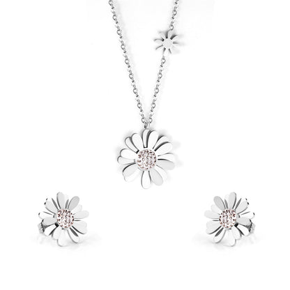 Cubic Zirconia and Stainless Steel Mum Stud Earrings and Pendant Necklace, stainless steel stud earrings for..., front view
