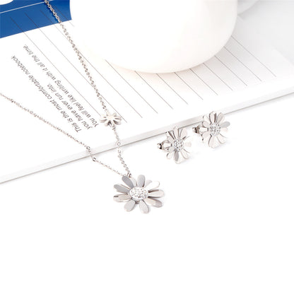 Cubic Zirconia and Stainless Steel Mum Stud Earrings and Pendant Necklace, stainless steel stud earrings for women, side view