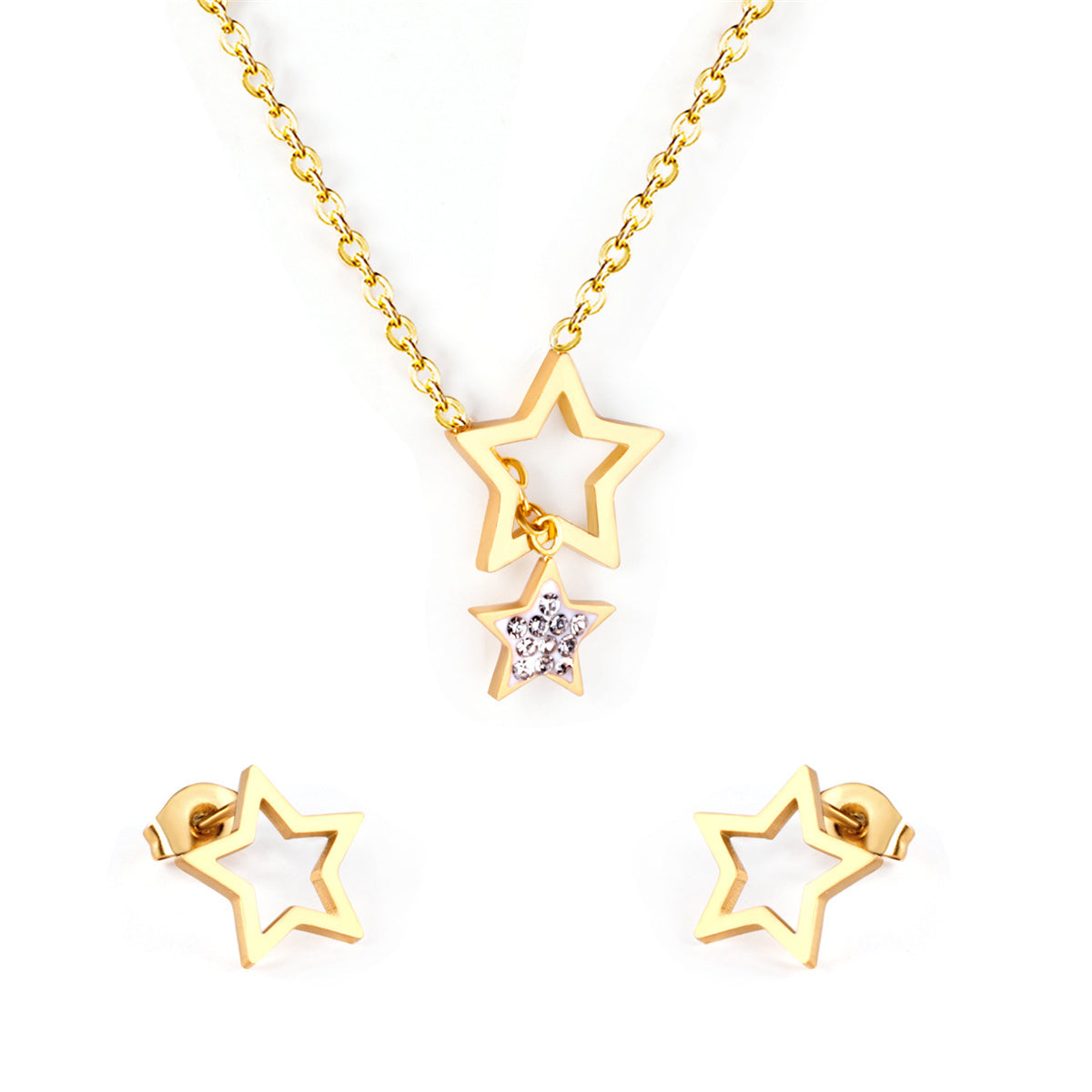 Clear Cubic Zirconia and 18K Gold-Plated Star Stud Earrings and Lariat Necklace, gold stud earrings for women, front view