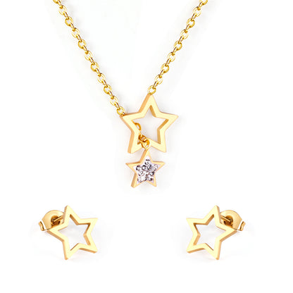 Clear Cubic Zirconia and 18K Gold-Plated Star Stud Earrings and Lariat Necklace, gold stud earrings for women, front view