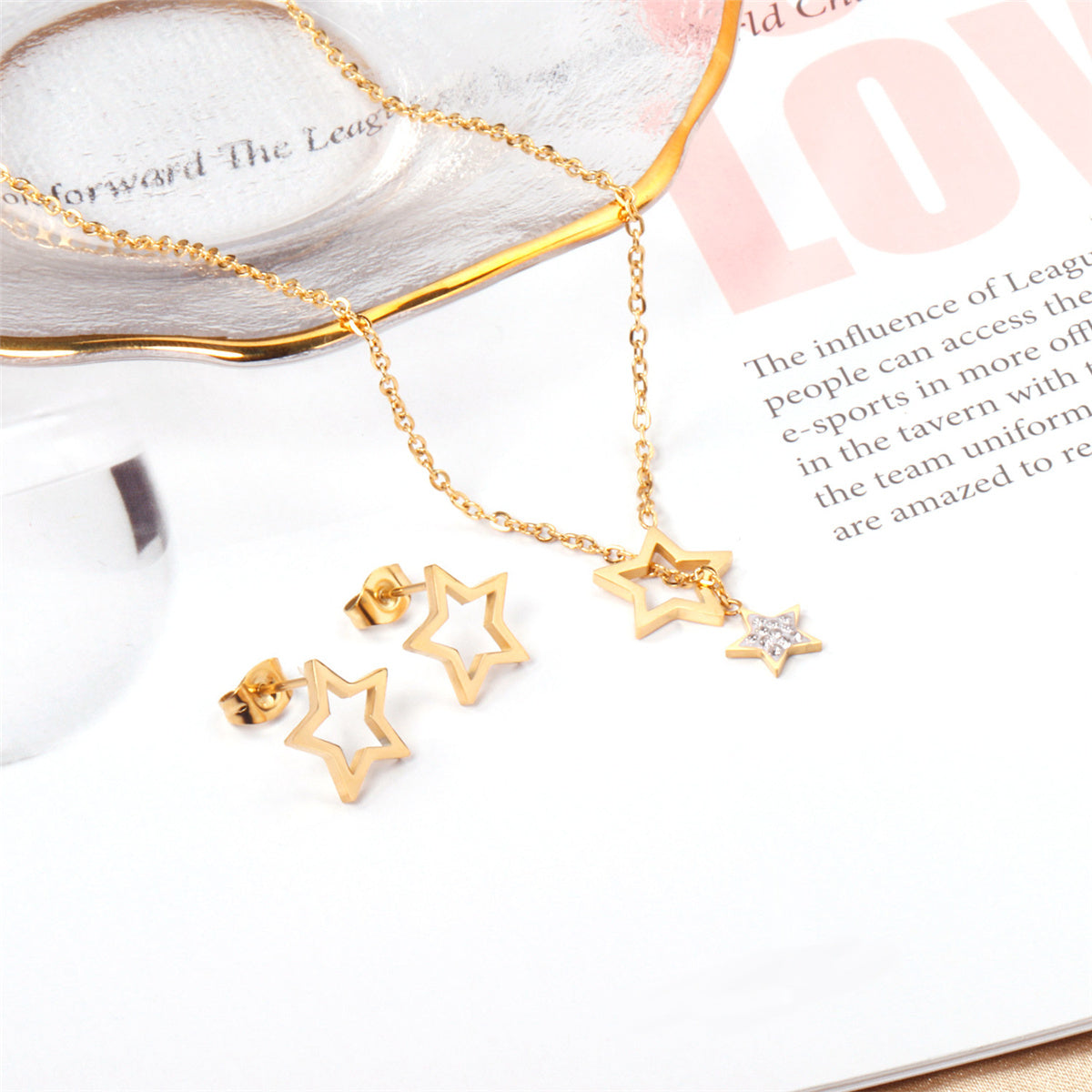 Clear Cubic Zirconia and 18K Gold-Plated Star Stud Earrings and Lariat Necklace, gold stud earrings for women, side view