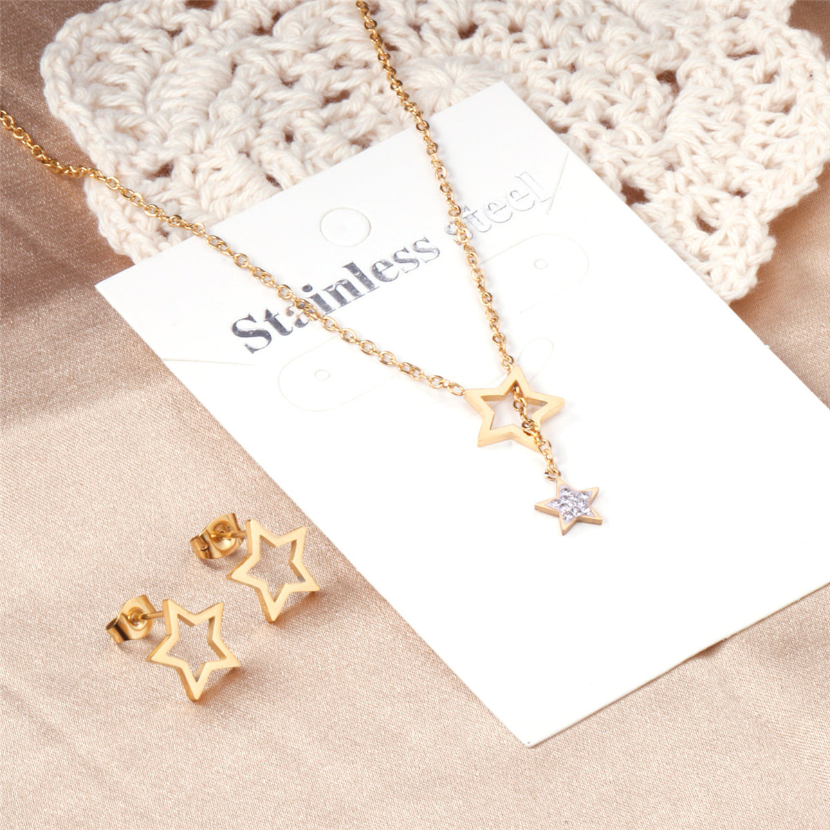 Clear Cubic Zirconia and 18K Gold-Plated Star Stud Earrings and Lariat Necklace, gold stud earrings for..., detail close-up