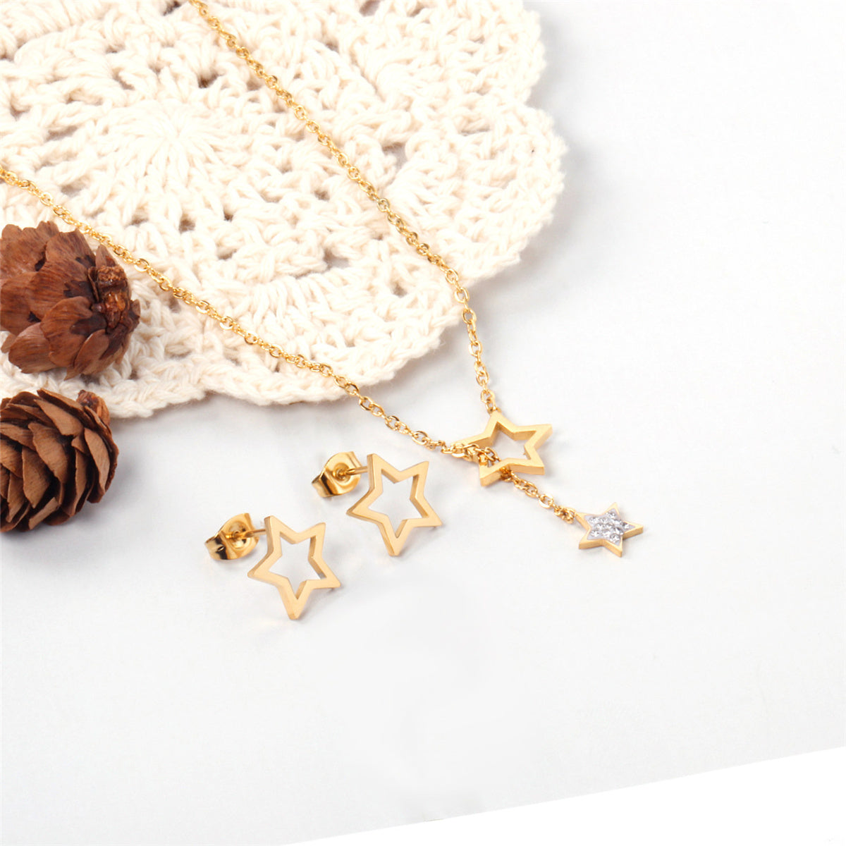 Clear Cubic Zirconia and 18K Gold-Plated Star Stud Earrings and Lariat Necklace, gold stud earrings for women, lifestyle look