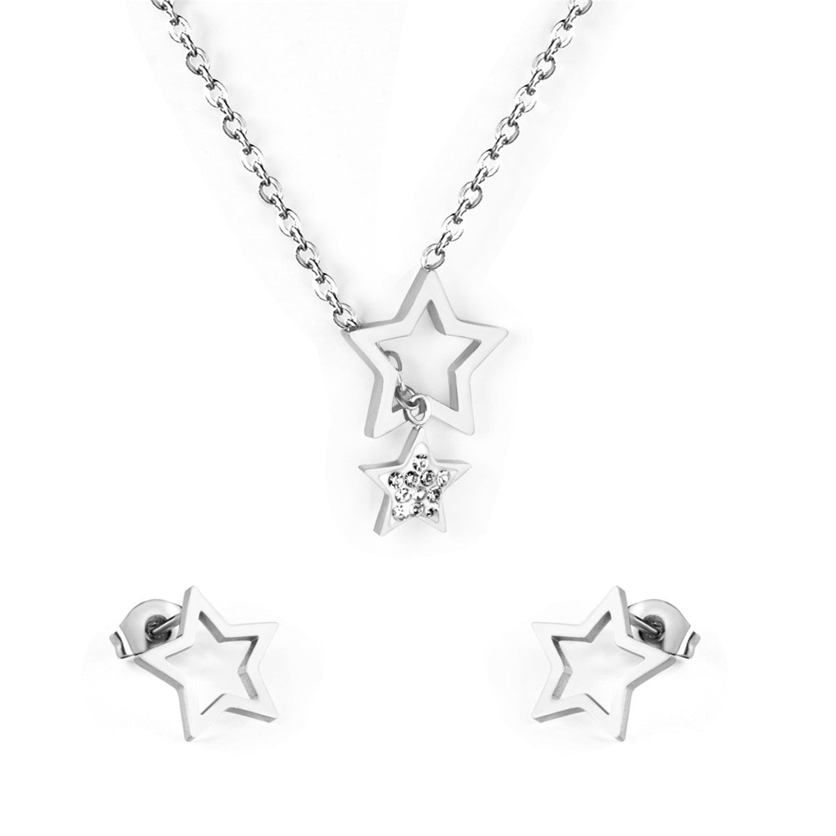 Clear Cubic Zirconia and Silver-Plated Star Stud Earrings and Lariat Necklace, silver stud earrings for women, side view