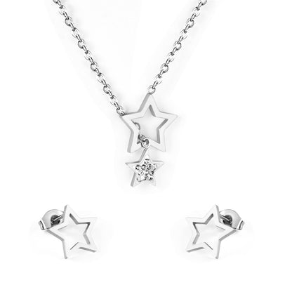 Clear Cubic Zirconia and Silver-Plated Star Stud Earrings and Lariat Necklace, silver stud earrings for women, side view