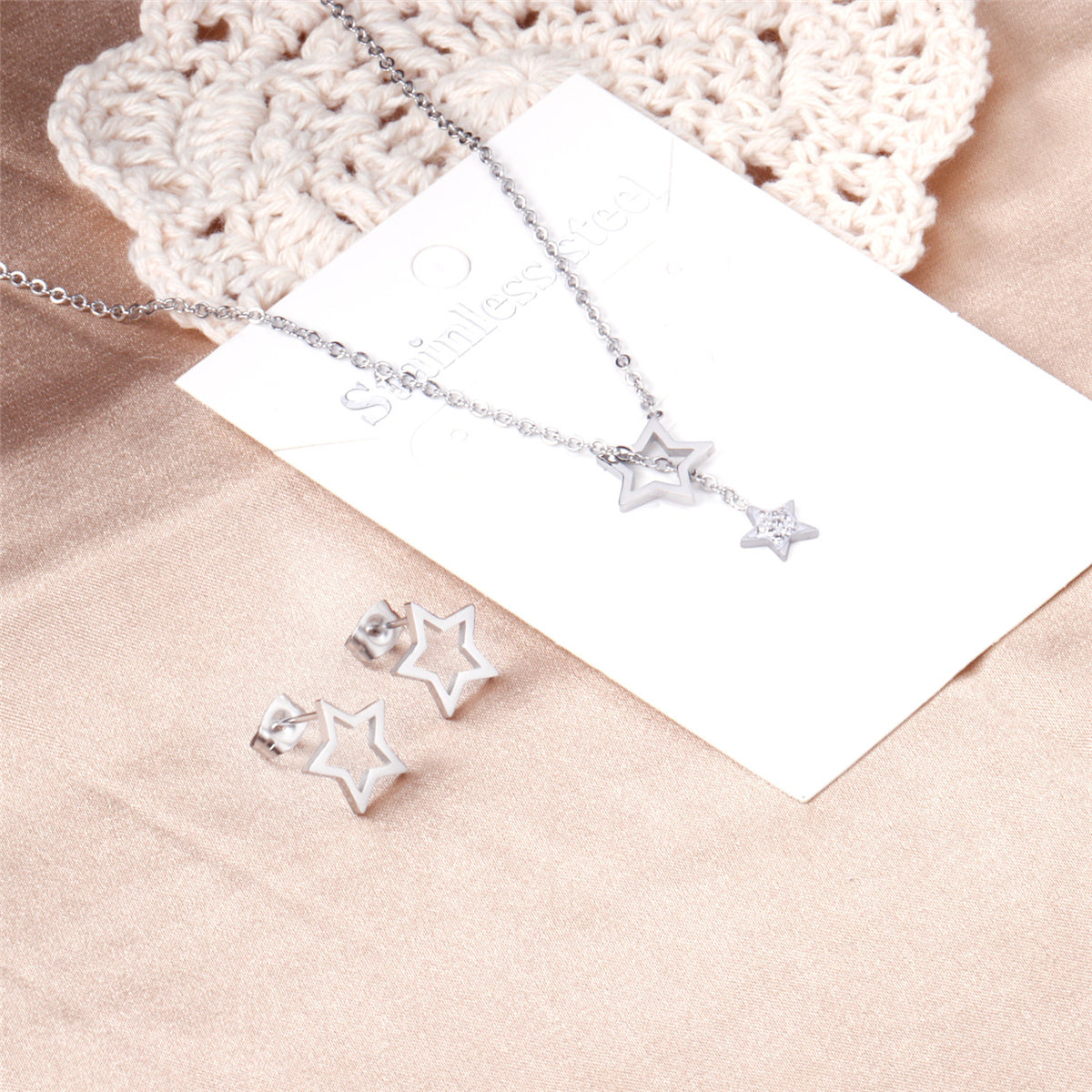 Clear Cubic Zirconia and Silver-Plated Star Stud Earrings and Lariat Necklace, silver stud earrings for..., detail close-up