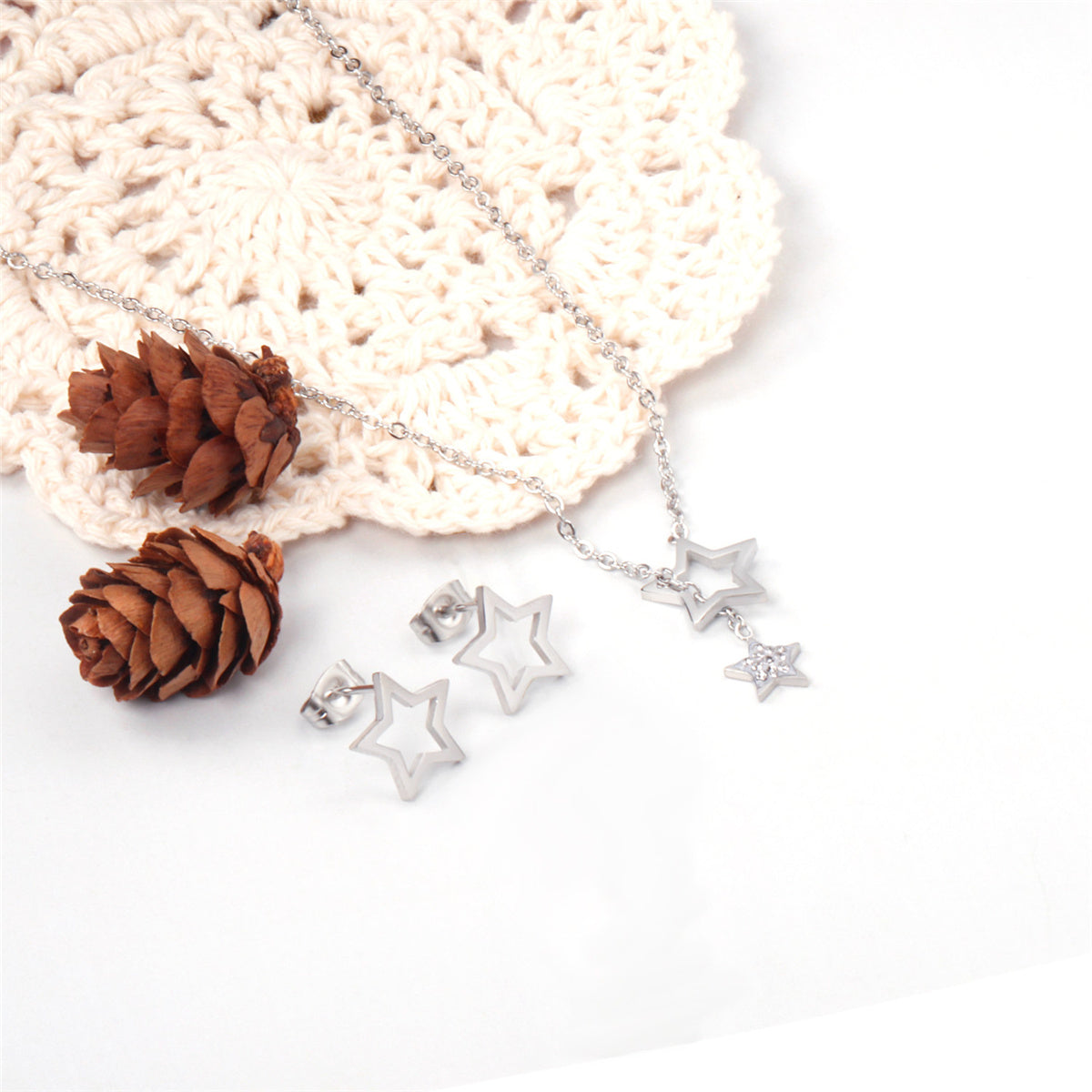 Clear Cubic Zirconia and Silver-Plated Star Stud Earrings and Lariat Necklace, silver stud earrings for women, lifestyle look