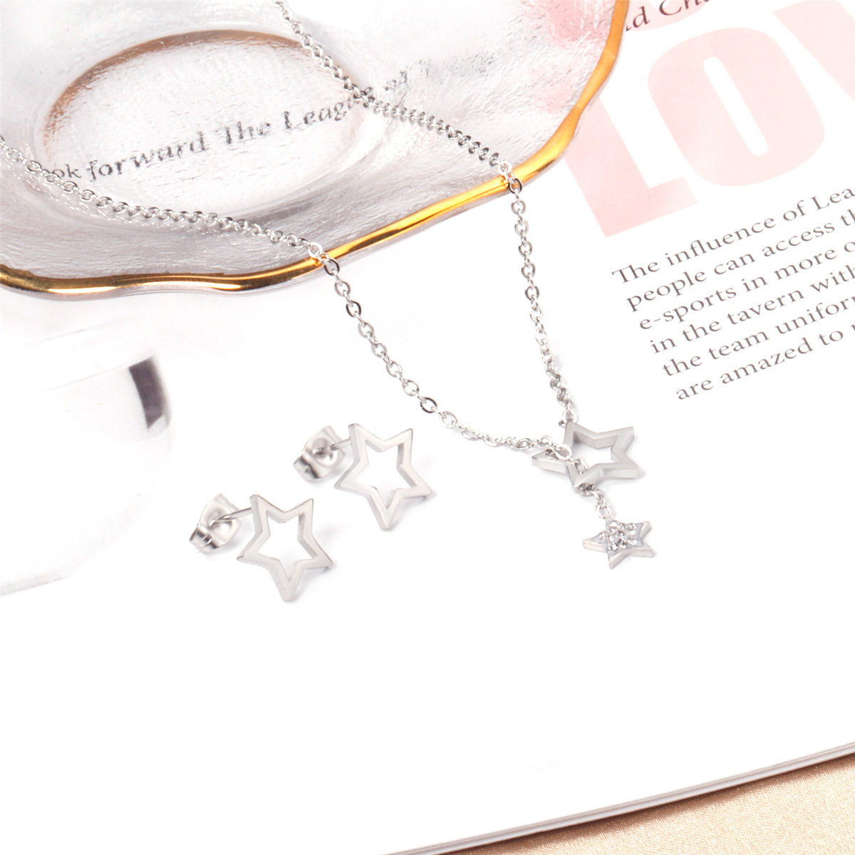 Clear Cubic Zirconia and Silver-Plated Star Stud Earrings and Lariat Necklace, silver stud earrings for women, front view