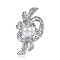 Pearl & Cubic Zirconia Silver-Plated Bow Filigree Brooch