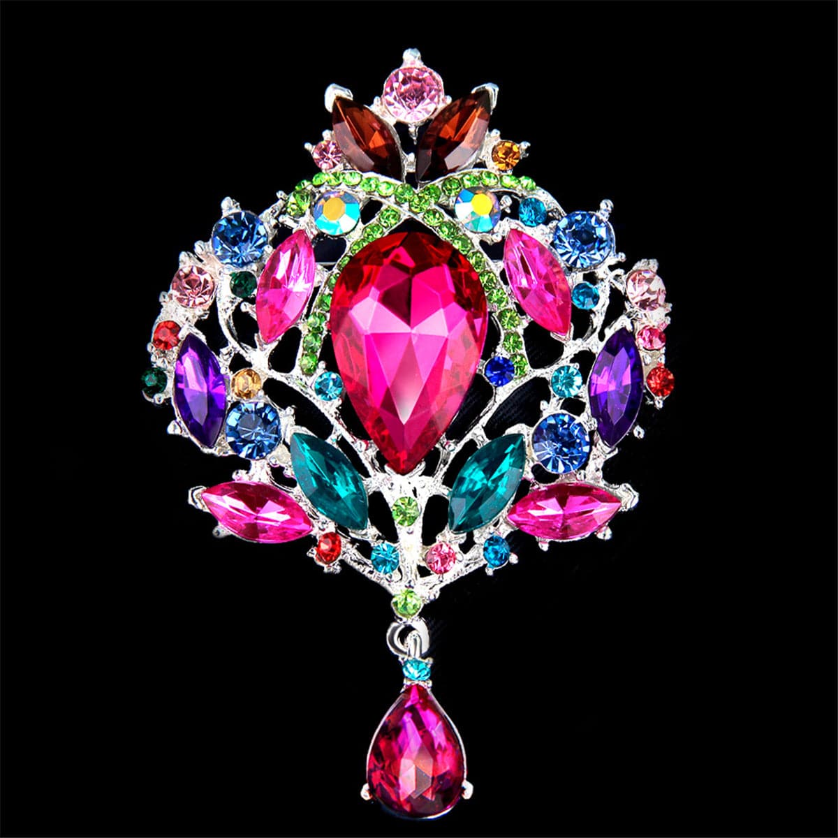 Green Cubic Zirconia and Multicolor Crystal Crown Brooch, brooch pin, everyday style, front view