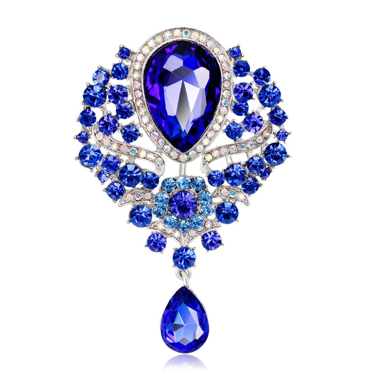 Blue Crystal and Clear Cubic Zirconia Drop Brooch, brooch pin, vintage-inspired design, front view