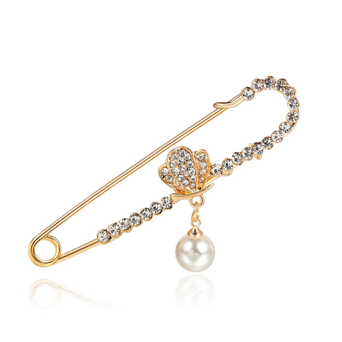 Cubic Zirconia and 18K Gold-Plated Safety Pin Brooch, gold brooch pin, vintage-inspired design, detail close-up