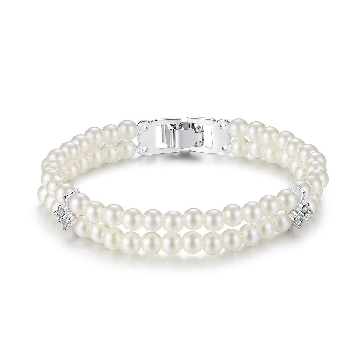 Pearl and Cubic Zirconia Silver-Plated Layered Bracelet, silver bracelet for women, botanical inspired, side view