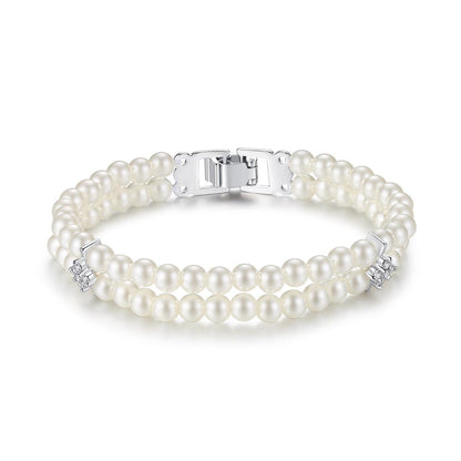 Pearl and Cubic Zirconia Silver-Plated Layered Bracelet, silver bracelet for women, botanical inspired, side view