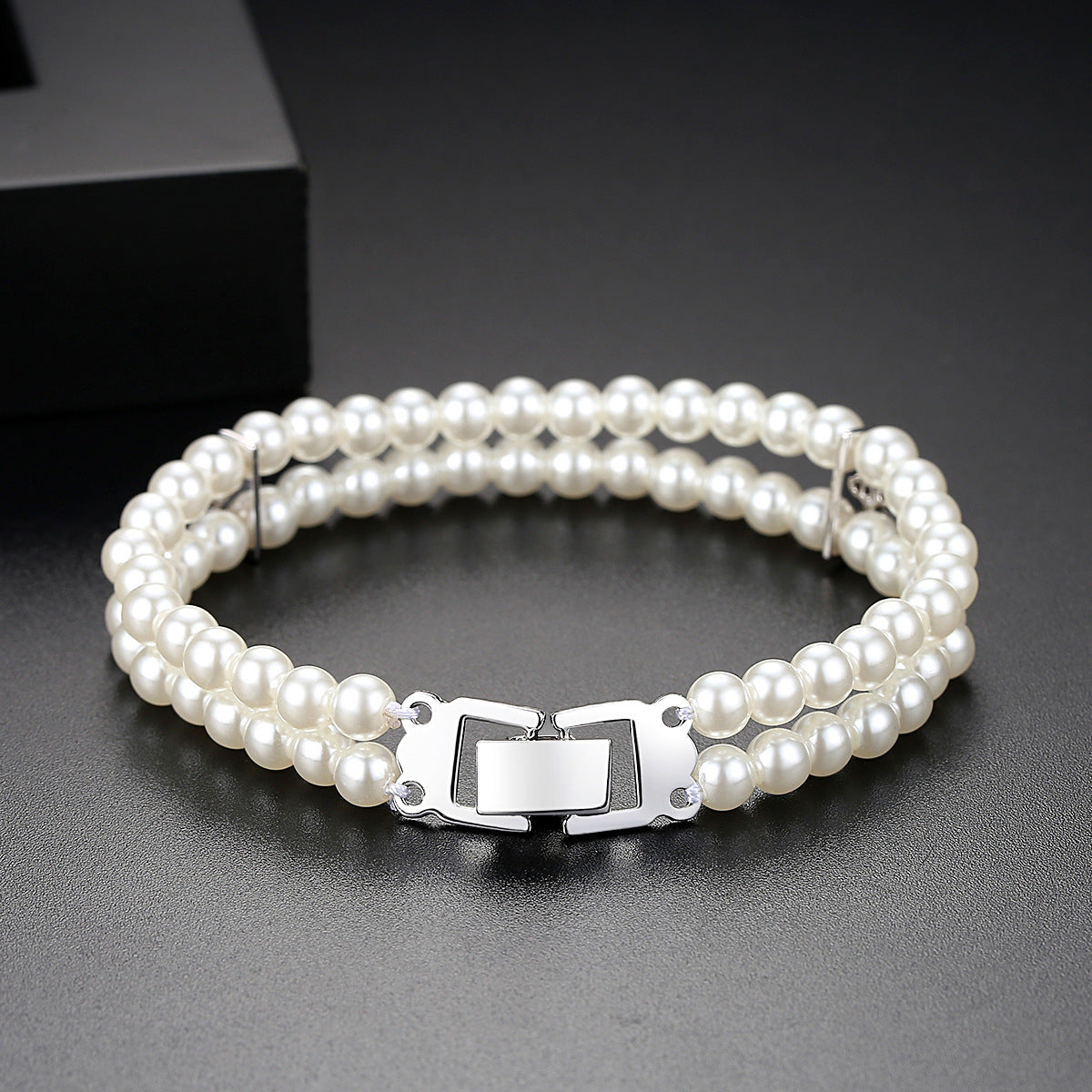 Pearl and Cubic Zirconia Silver-Plated Layered Bracelet, silver bracelet for women, botanical inspired, detail close-up