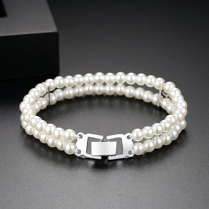 Pearl and Cubic Zirconia Silver-Plated Layered Bracelet, silver bracelet for women, botanical inspired, detail close-up