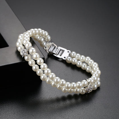 Pearl and Cubic Zirconia Silver-Plated Layered Bracelet, silver bracelet for women, botanical inspired, lifestyle look
