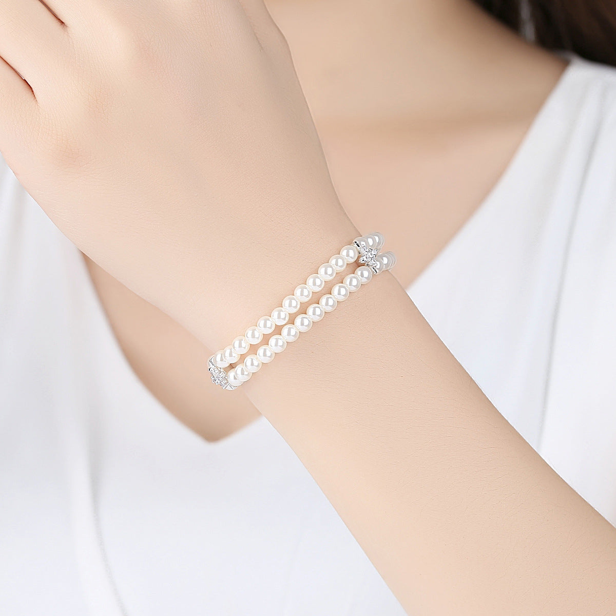 Pearl and Cubic Zirconia Silver-Plated Layered Bracelet, silver bracelet for women, botanical inspired, front view