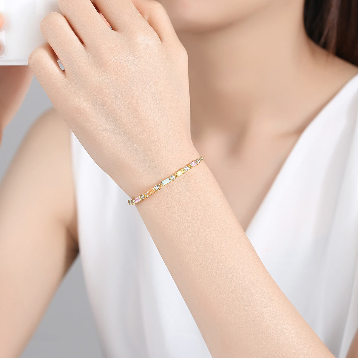 Crystal and Cubic Zirconia Adjustable Bracelet, bracelet for women, botanical inspired, side view