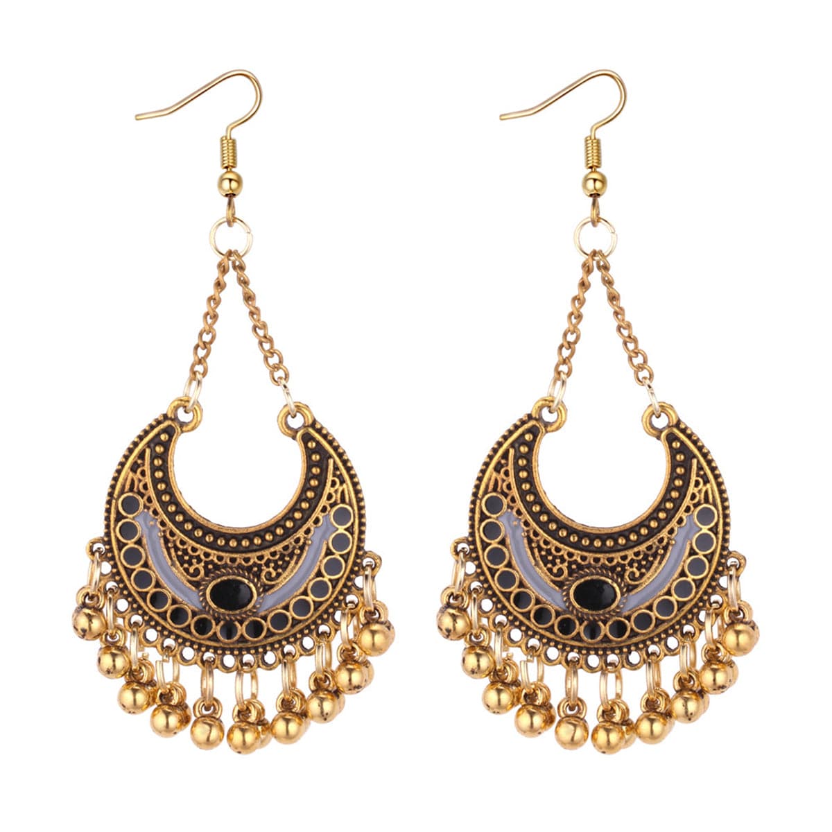 Black Enamel and 18K Gold-Plated Ball-Detail Crescent Moon Drop Earrings, gold drop earrings for women, front view