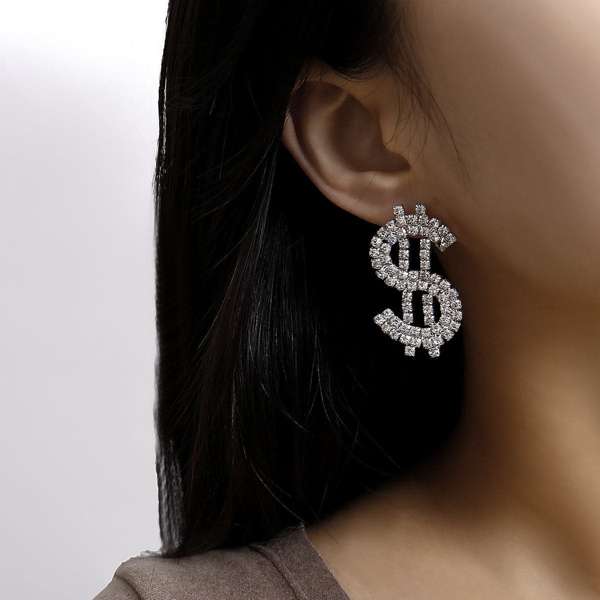 Cubic Zirconia & Silver-Plated Dollar Sign Drop Earrings