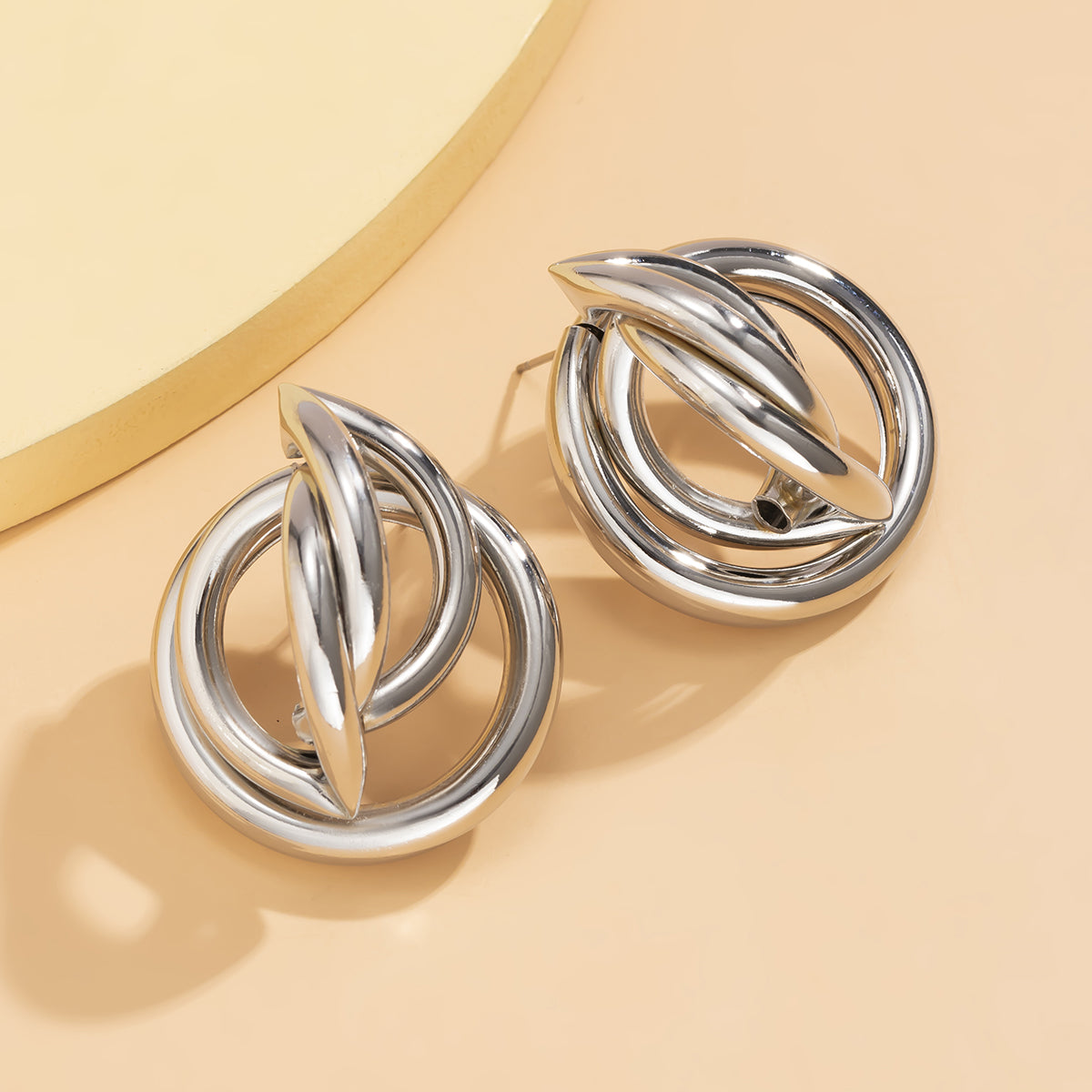Silver-Plated Interlocking Rings Stud Earrings, silver stud earrings for women, everyday style, front view